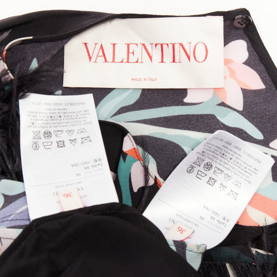 VALENTINO 2021 Runway black floral butterflies feather cuff maxi dress IT40 S