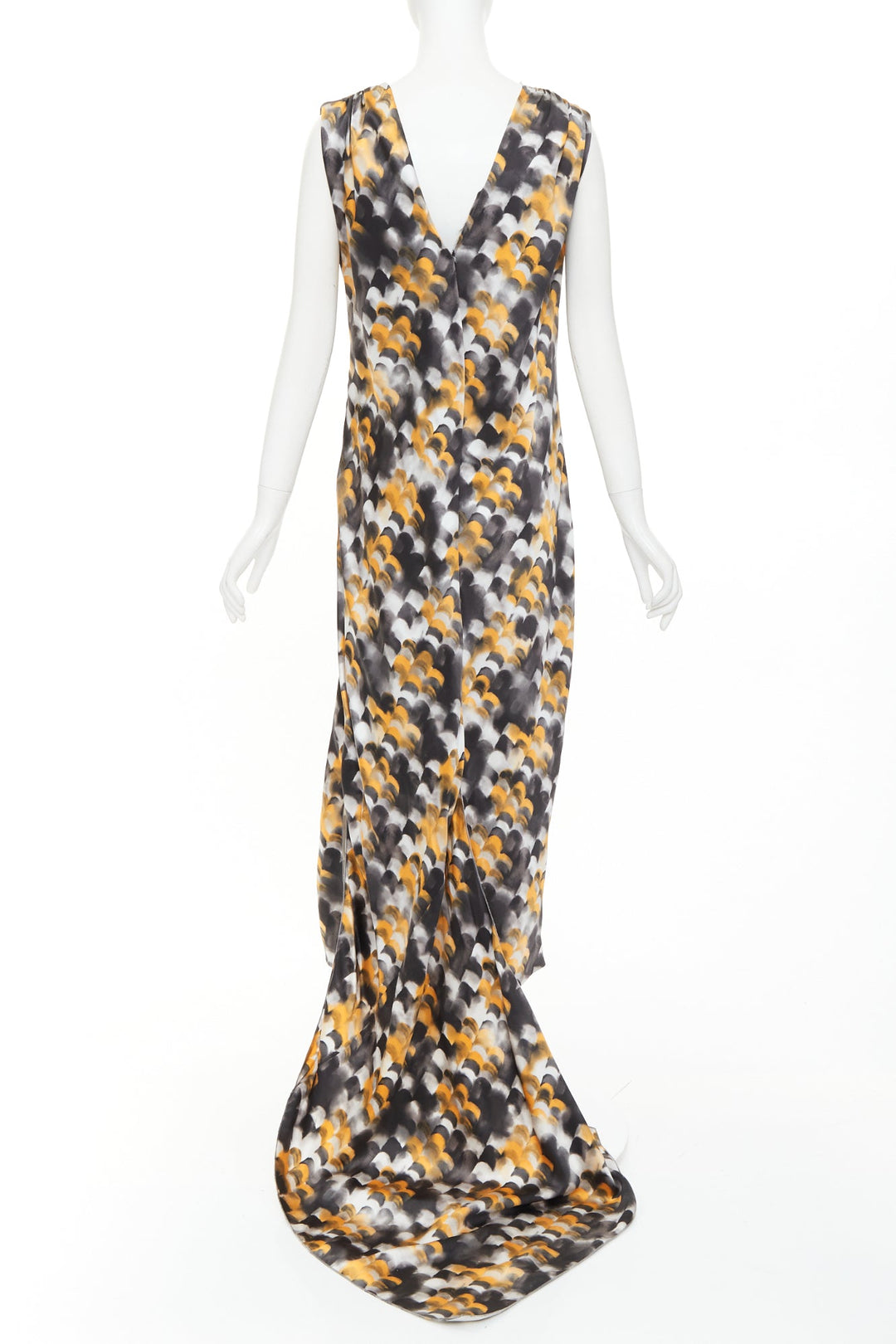 rare PRADA 2023 Runway yellow black viscose silk abstract train gown IT40 S