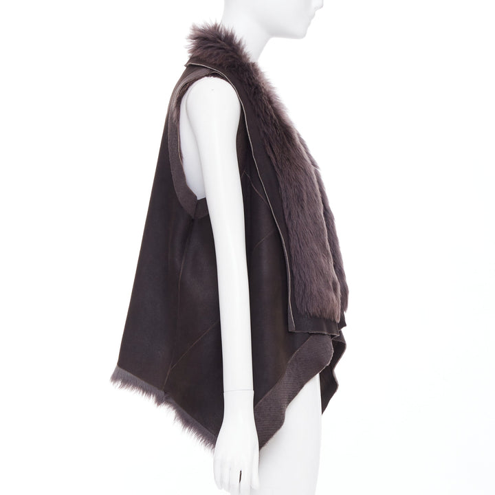 KARL DONOGHUE dark brown lambskin leather fur lined draped vest jacket XS