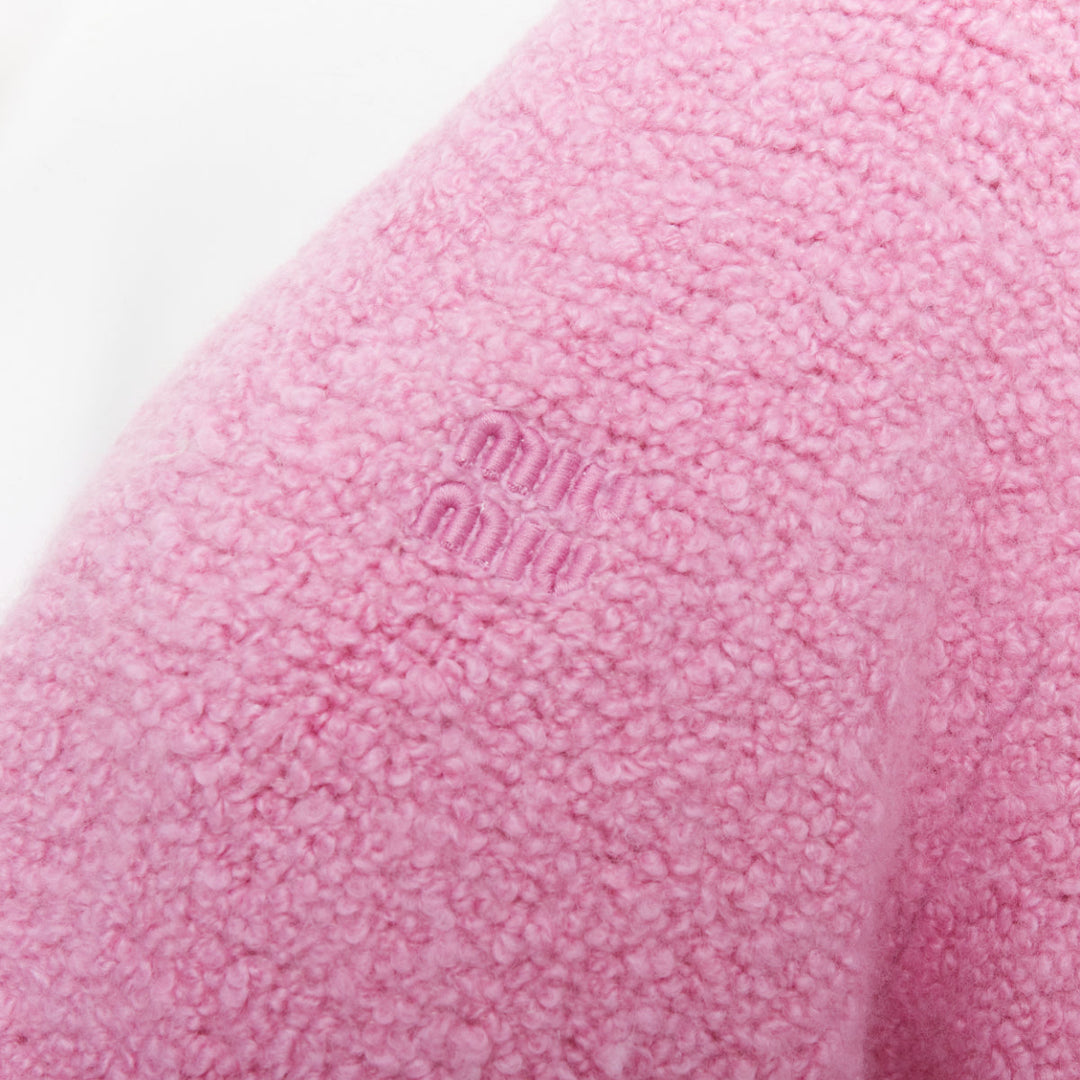 MIU MIU 2023 pink cashmere boucle logo gold button cardigan IT38 XS