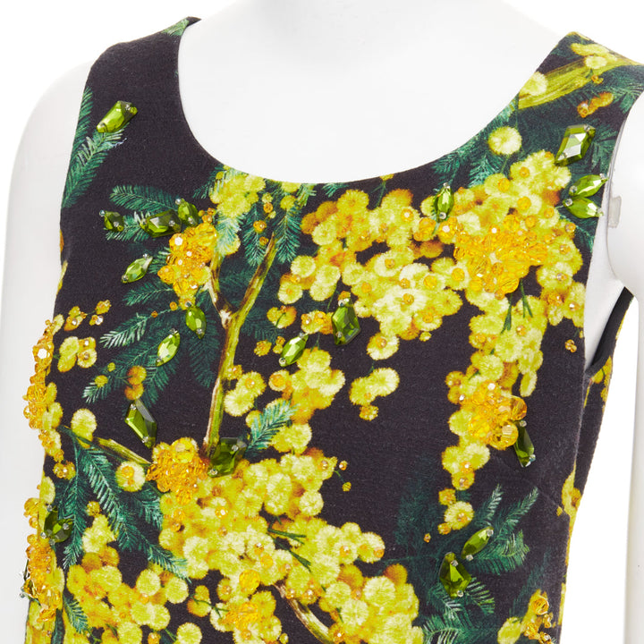 DOLCE GABBANA yellow black beaded mimosa acacia print floral tunic IT38 XS