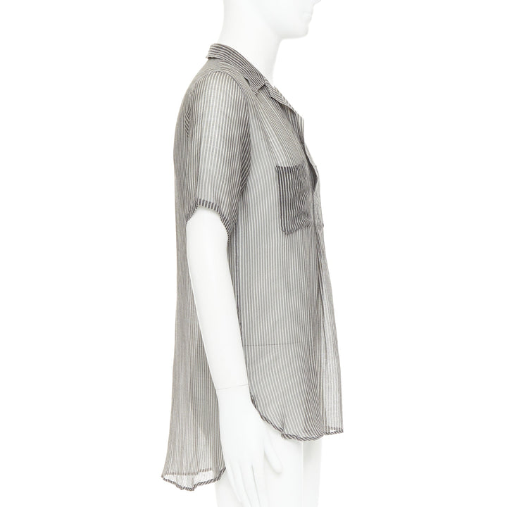 DRIES VAN NOTEN grey off white sheer striped buttoned polo shirt IT48 M