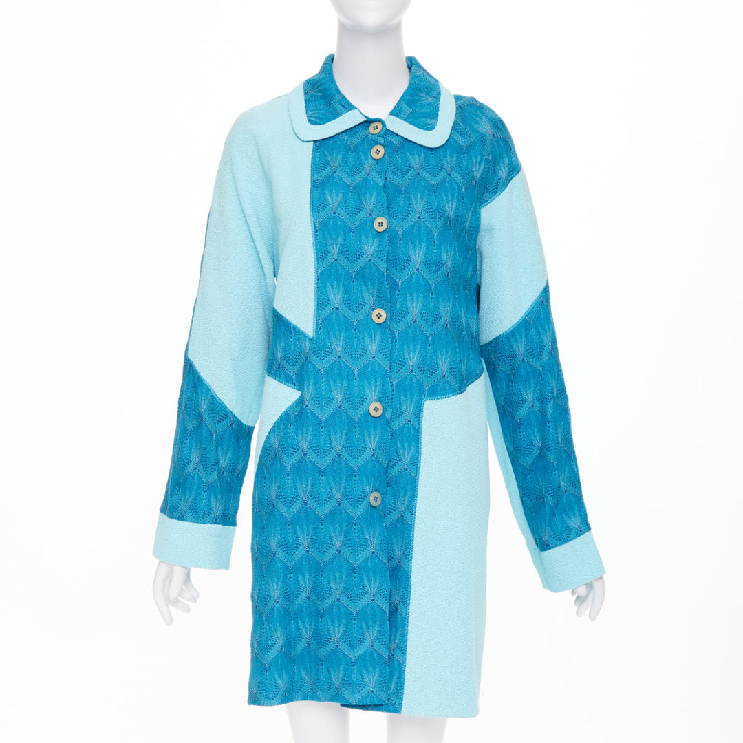 MISSONI Vintage blue patchwork knit pointelle boucle lace wool coat IT42 M
