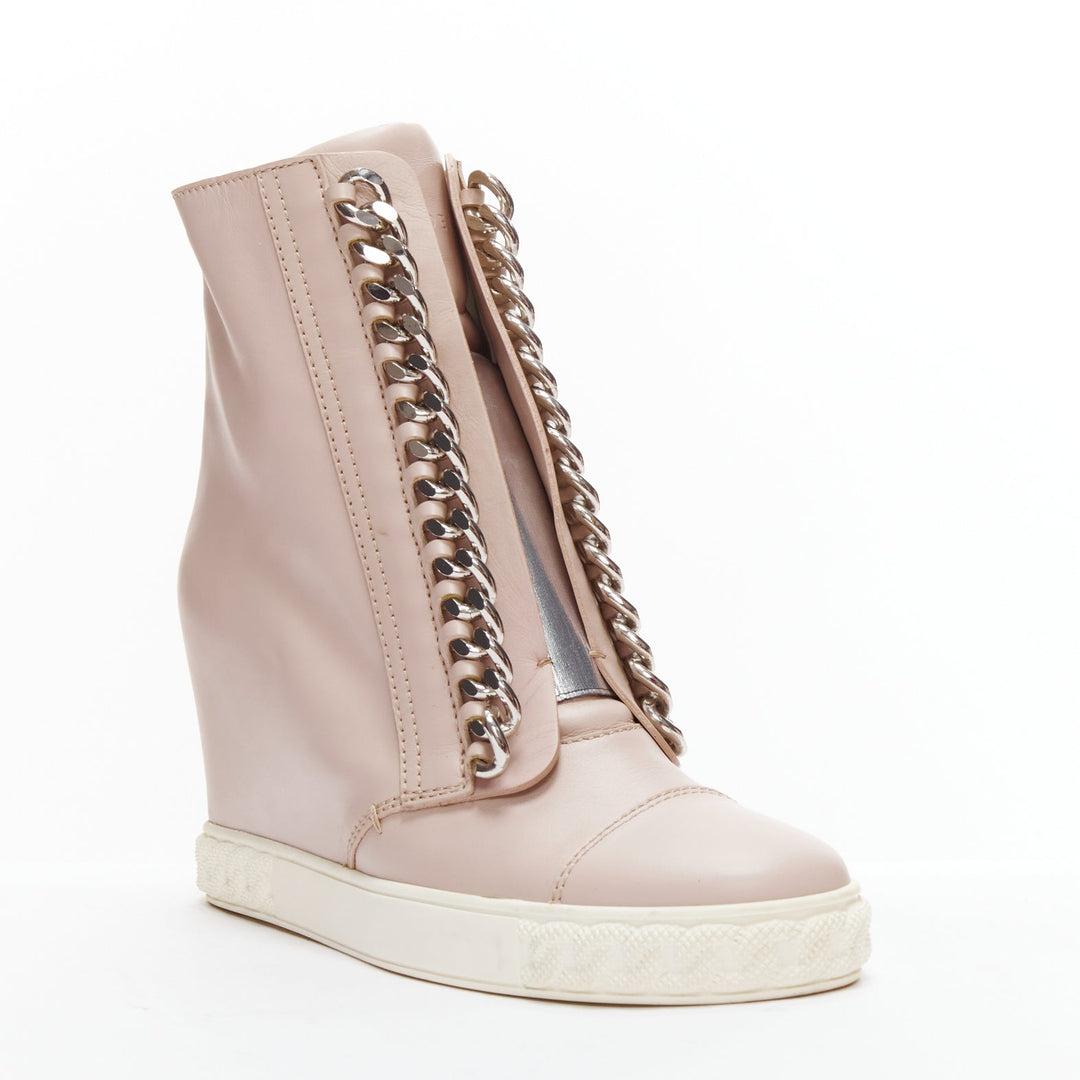 CASADEI pink leather silver chain trim ankle wedge sneakers EU39.5