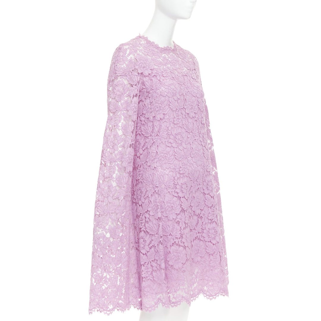 VALENTINO purple floral lace cape sleeve silk lined mini dress IT40 S