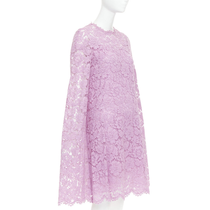 VALENTINO purple floral lace cape sleeve silk lined mini dress IT40 S