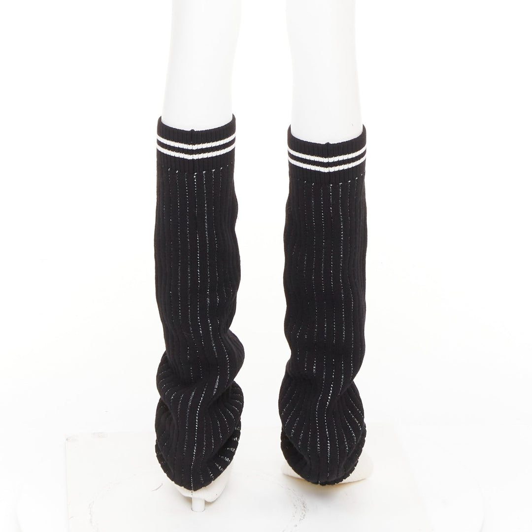 CHANEL 24C Runway CC logo black white ribbed knit striped trim leg warmers OS