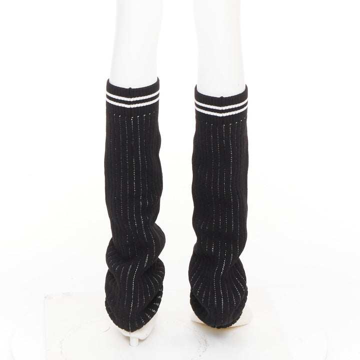 CHANEL 24C Runway CC logo black white ribbed knit striped trim leg warmers OS