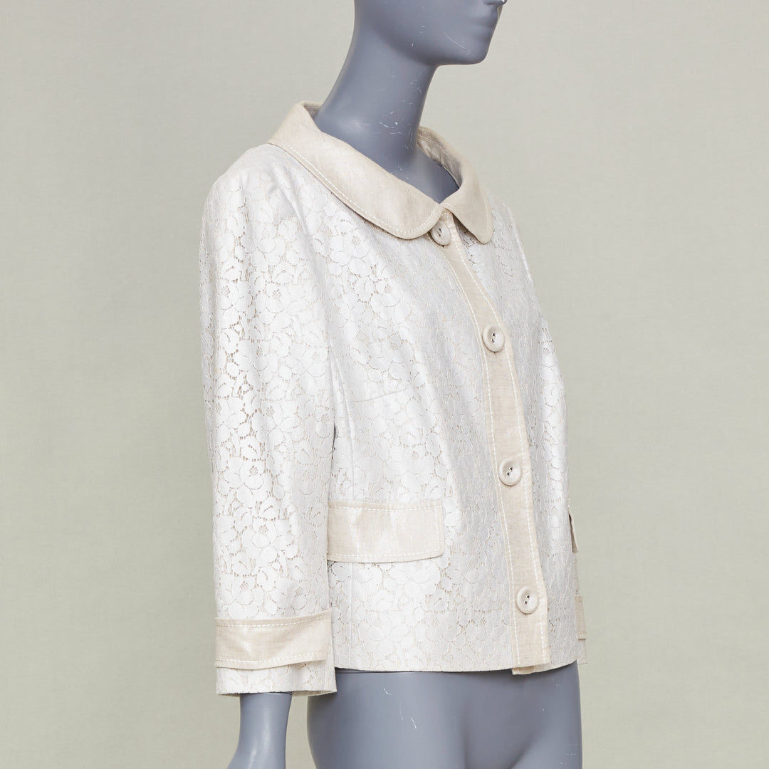 ESCADA 1990s vintage beige silver metallic lace peter pan collar jacket IT44 L