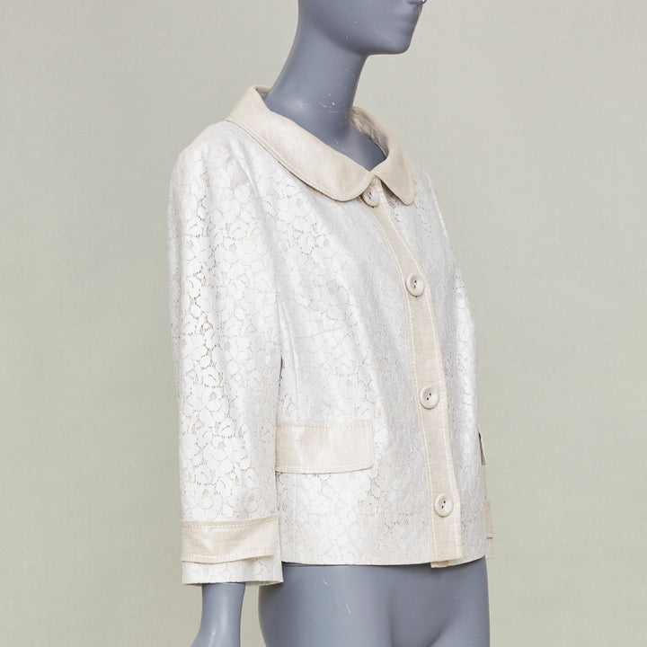 ESCADA 1990s vintage beige silver metallic lace peter pan collar jacket IT44 L