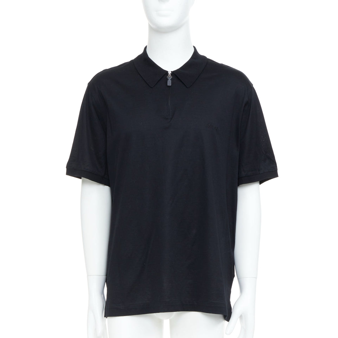 BRIONI Golf black cotton embroidered logo half zip short sleeve polo shirt 4XL