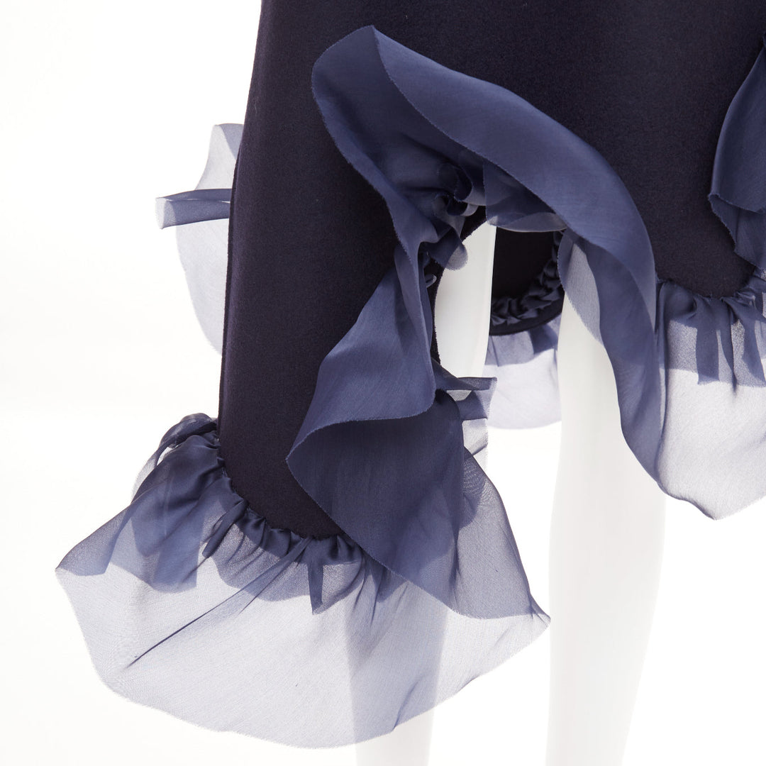ROBERTS WOOD navy wool felt silk ruffle asymmetric shift dress S