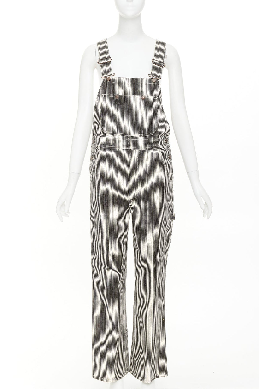 CELINE 2020 Runway Hickory grey striped logo buckles cargo overalls dungaree 28"