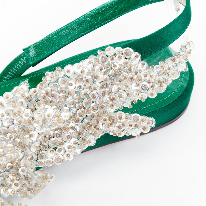 BALENCIAGA 2017 Tess emerald green satin silver sequin open toe flat sandal EU37
