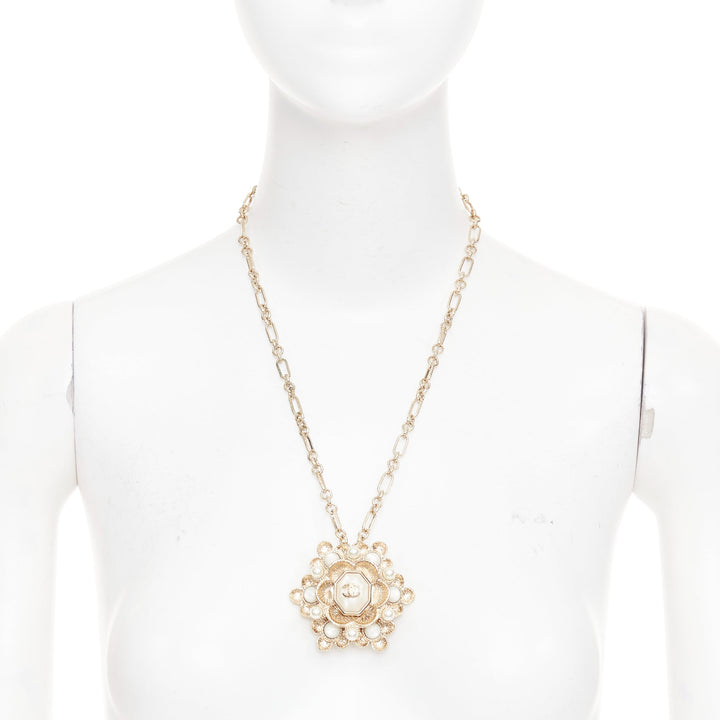CHANEL B16C gold tone ivory pearl octagonal CC Camellia medallion chain necklace
