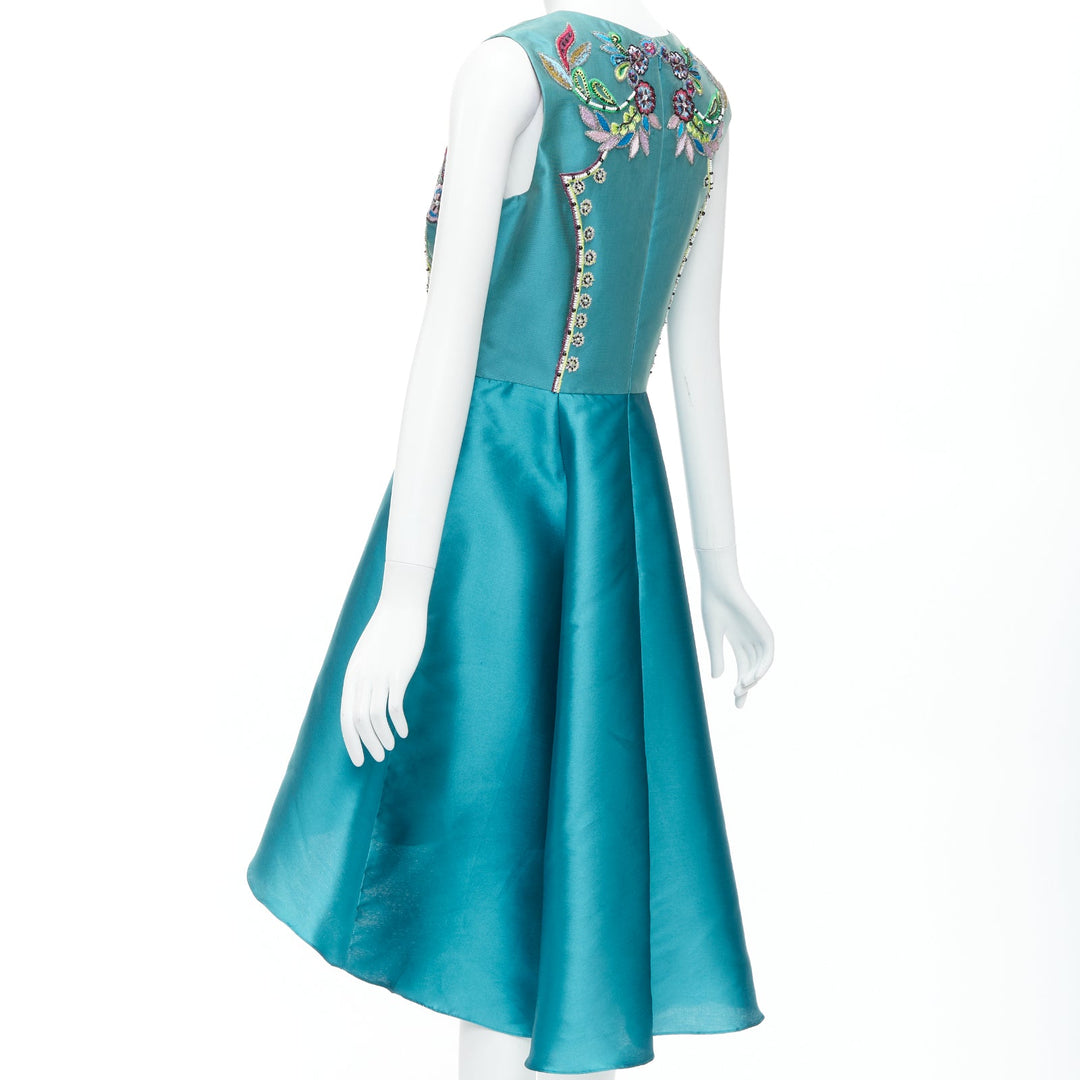 MARCHESA NOTTE Mikado Runway teal blue bead embroidery high low dress US6 M