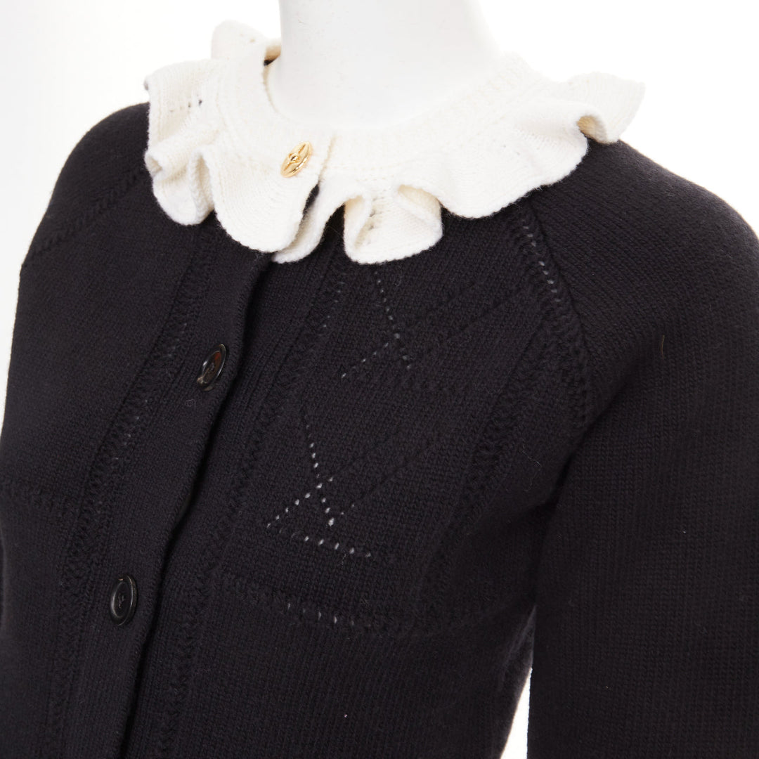 LOUIS VUITTON 2026 black cream wool blend ruffle collar gold button cardigan XXS