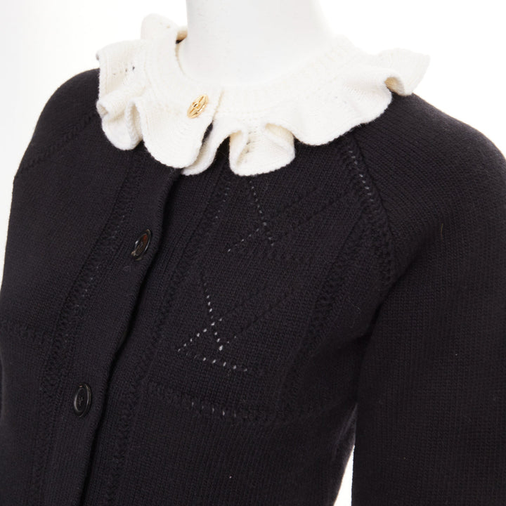 LOUIS VUITTON 2026 black cream wool blend ruffle collar gold button cardigan XXS