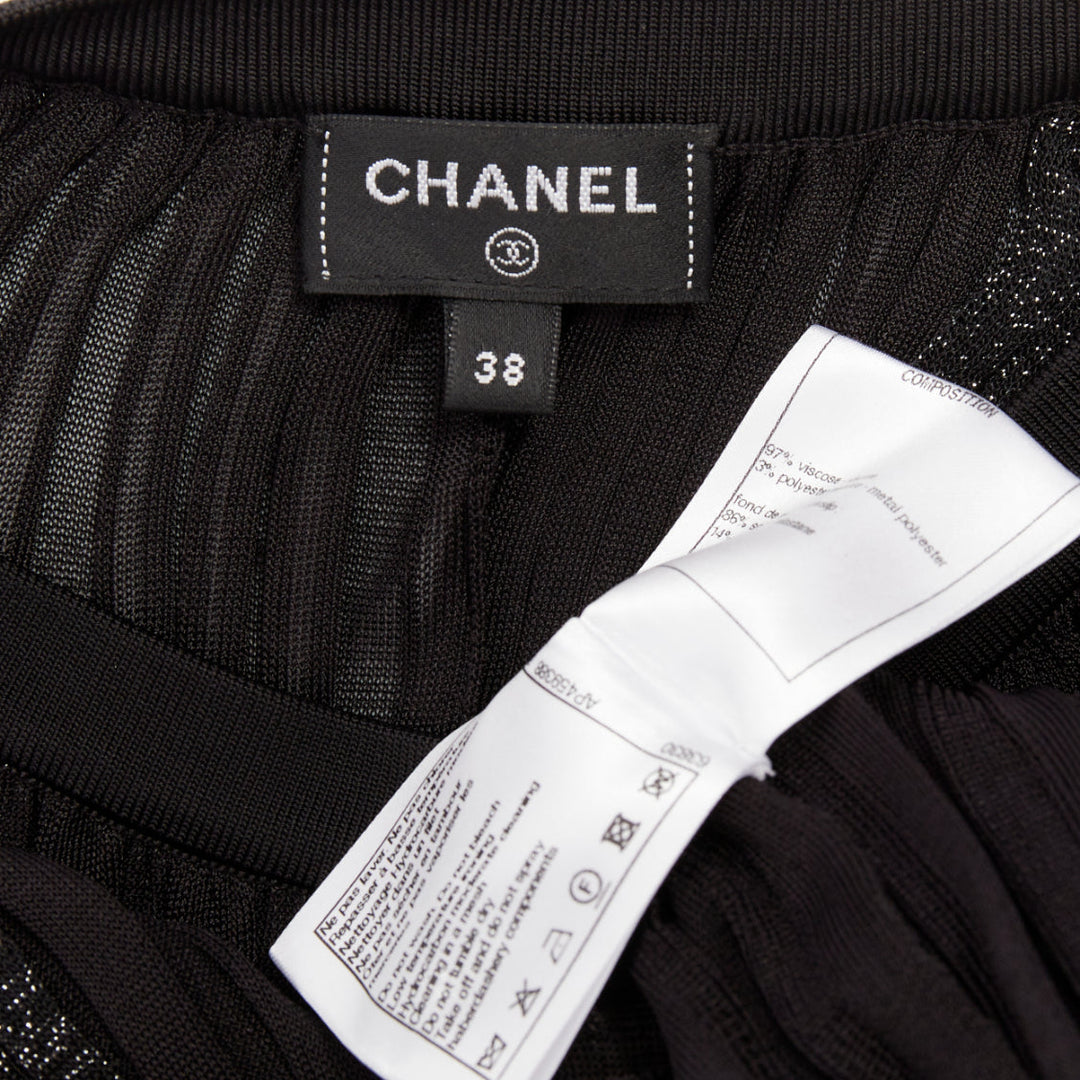 CHANEL black silver glitter CC resin button plisse sheer wave midi dress FR38 M
