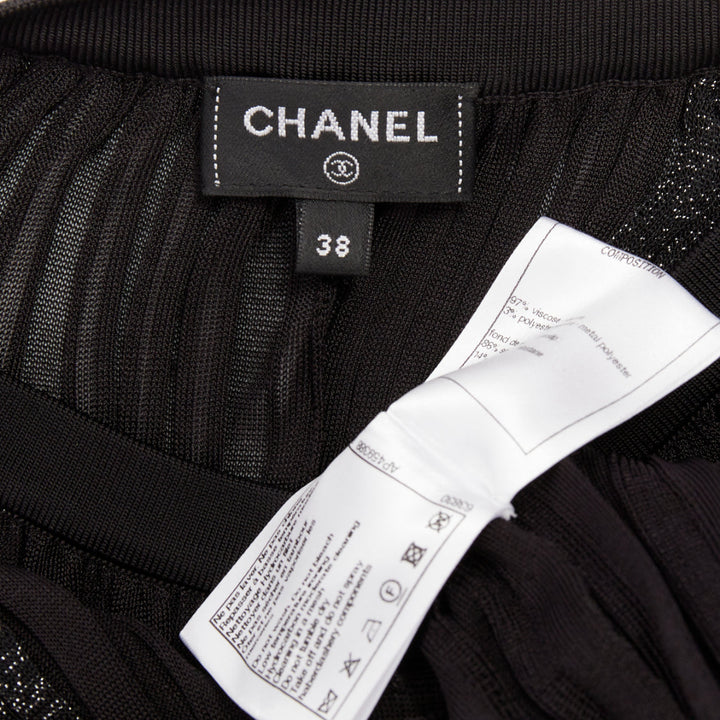 CHANEL black silver glitter CC resin button plisse sheer wave midi dress FR38 M