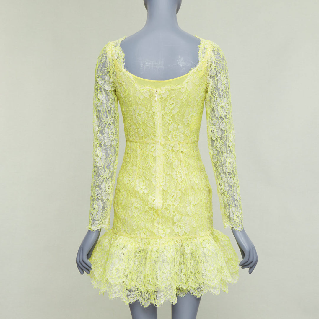 VALENTINO neon yellow cream lace silk lined tulle trim mini dress