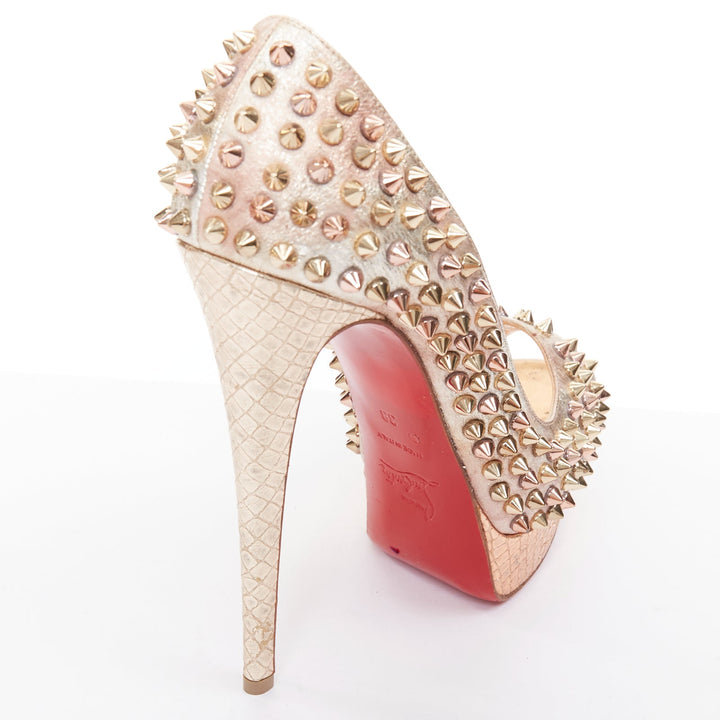 CHRISTIAN LOUBOUTIN Lady Peep 150 metallic gold studded platform peep pump EU38