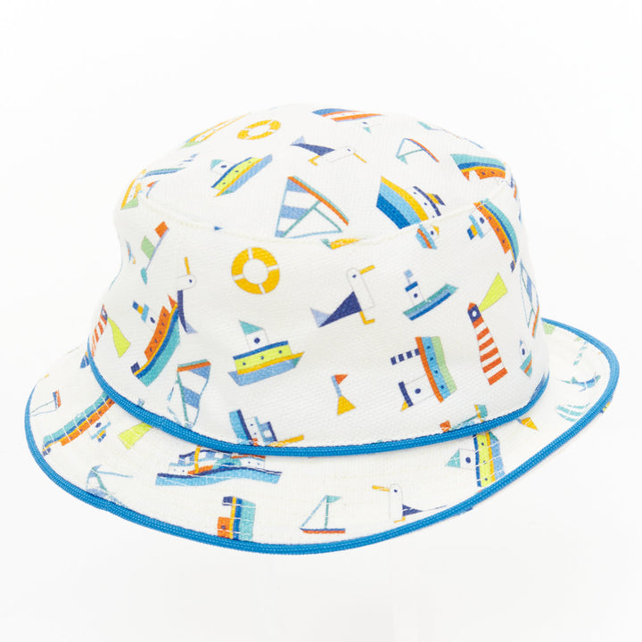 HERMES BABY 2022 boat print blue white cotton linen headwear baby hat 48cm