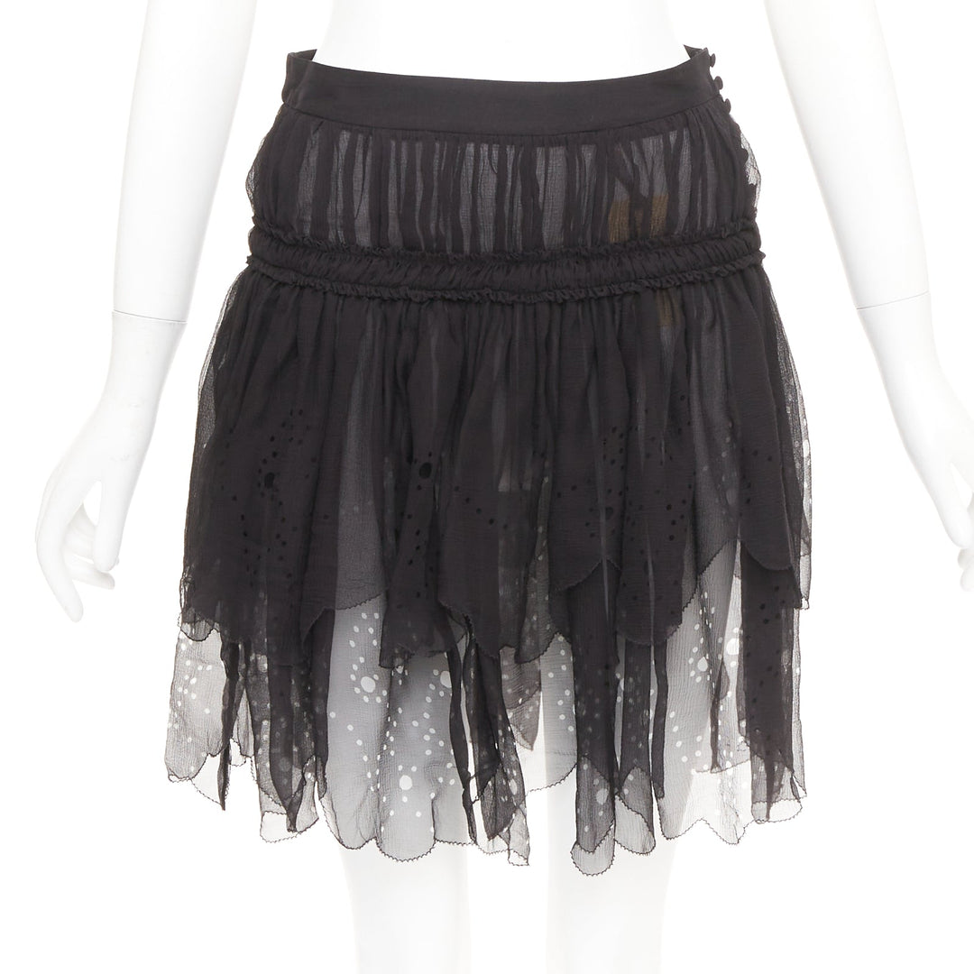 JOHN GALLIANO Gonna black 100% shirred silk laser cut holes prairie skirt FR36 S