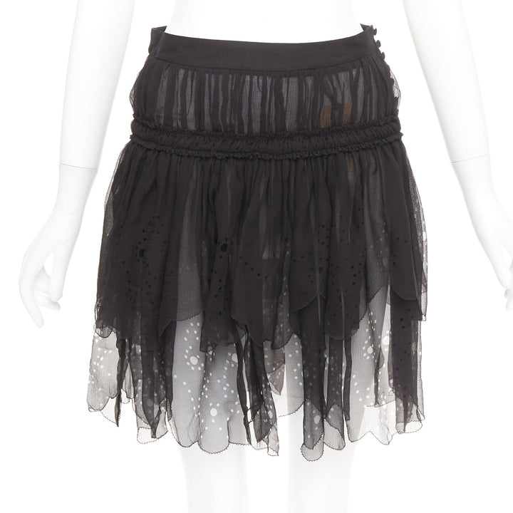 JOHN GALLIANO Gonna black 100% shirred silk laser cut holes prairie skirt FR36 S