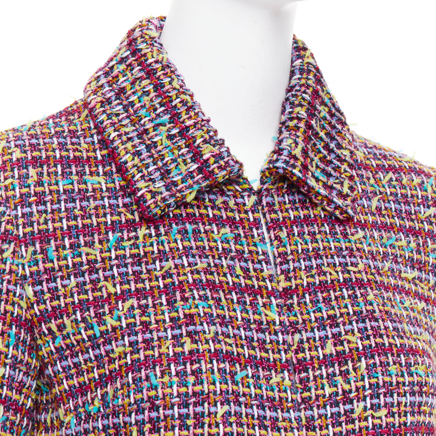 CHANEL 2023 Runway pink yellow multicolor tweed  CC button long coat FR36 S
