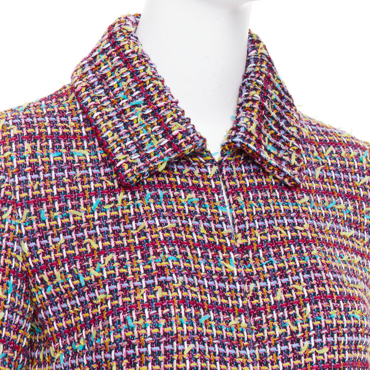 CHANEL 2023 Runway pink yellow multicolor tweed  CC button long coat FR36 S
