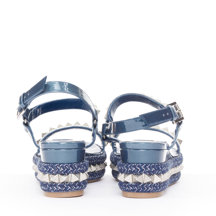 CHRISTIAN LOUBOUTIN Pyraclou 60 denim blue spikes platform wedges EU38