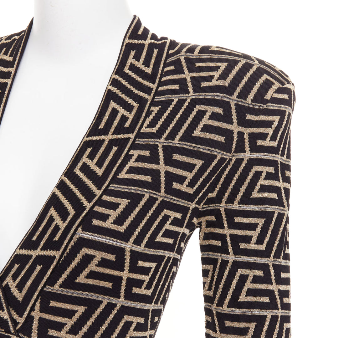 BALMAIN Monogram Knit Dress gold black geometric metallic brocade jersey dress