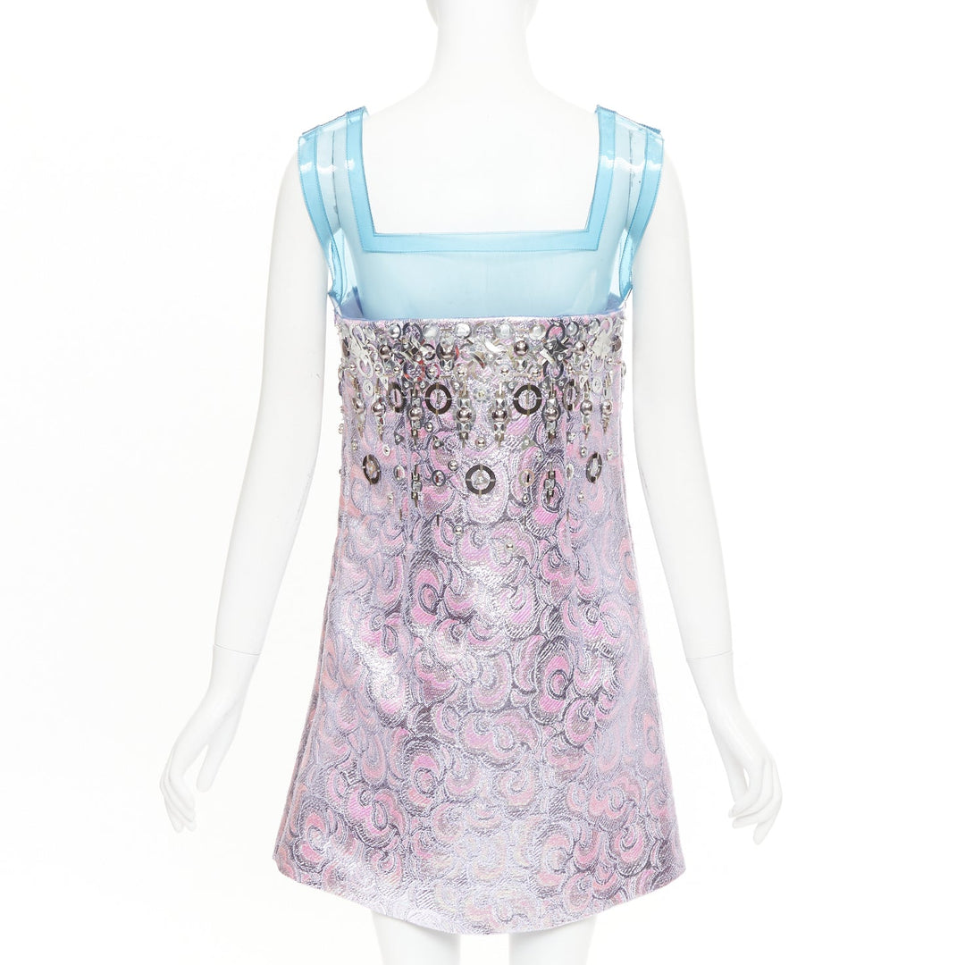 rare MIU MIU 2014 Runway blue PVC metallic purple wool A-line dress IT40 S
