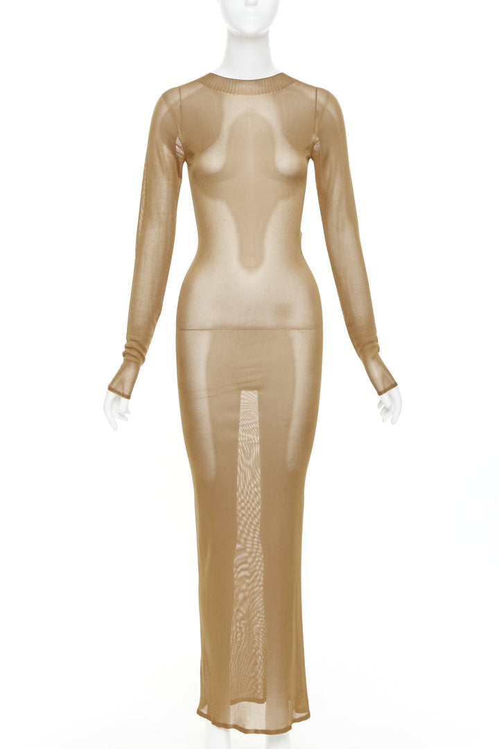 SAINT LAURENT 2023 Runway gold brown high neck sheer long sleeve maxi dress S