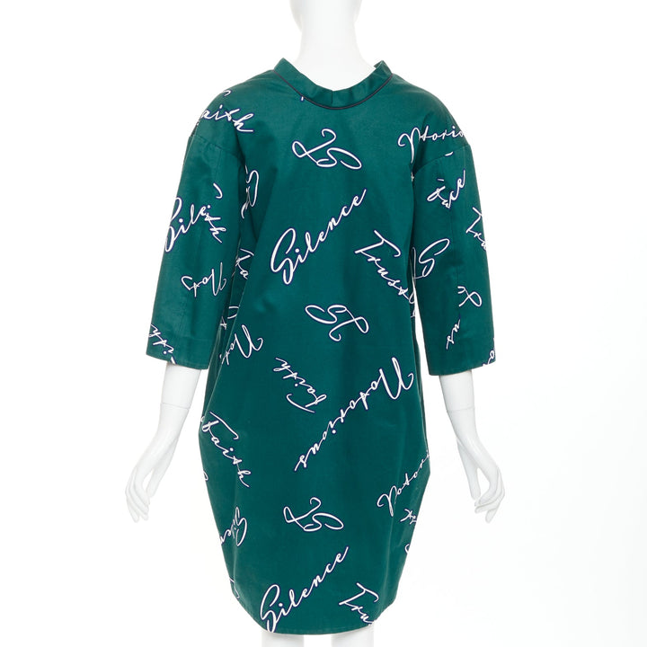 JIL SANDER green white cotton italic words graphic print cocoon dress FR32 XXS