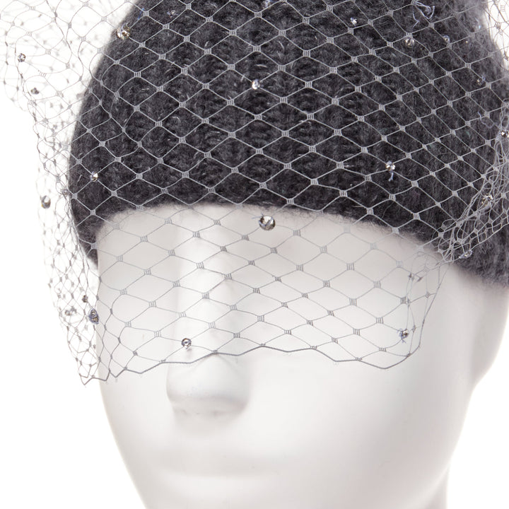 JENNIFER BEHR grey charcoal crystal beads veil round top beanie hat