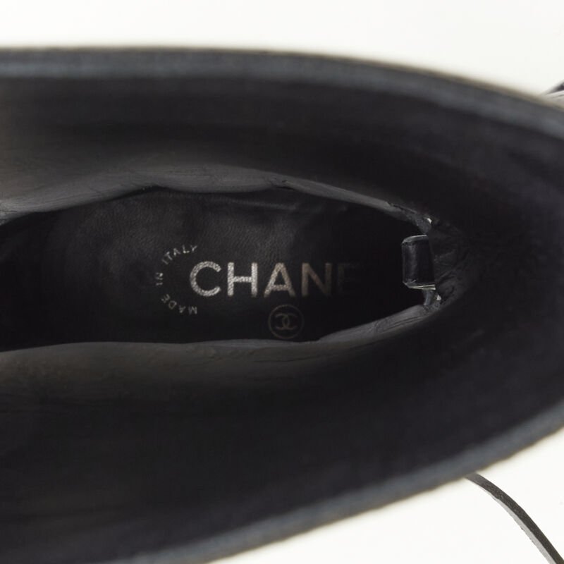 CHANEL black calfskin cross stitch cut out CC toe cap block heel boot EU38.5