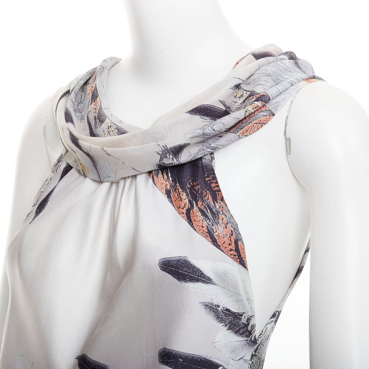 ROBERTO CAVALLI Vintage silk steel grey brown feather print drape gown dress XS