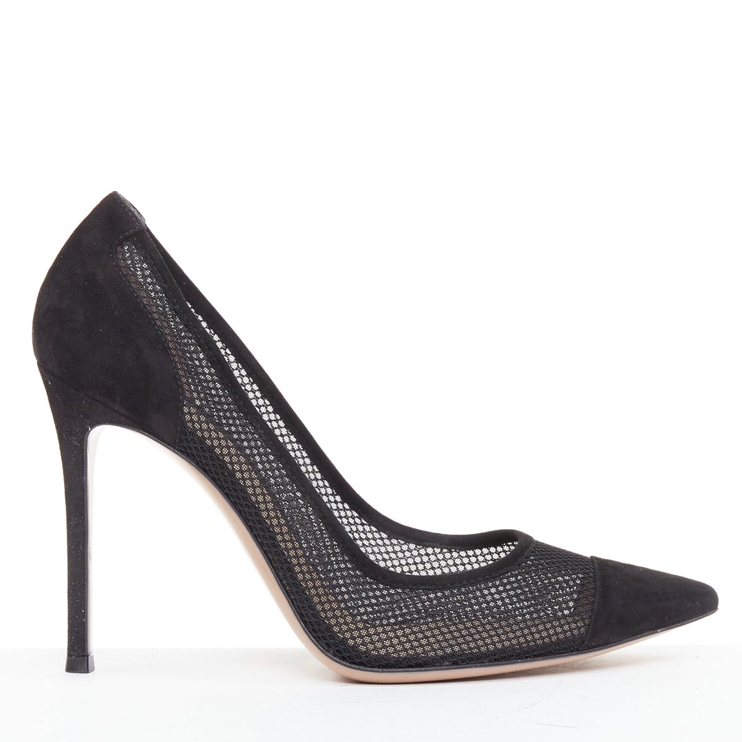 GIANVITO ROSS Follie Camoscio black fishnet suede toe cap pointy pumps EU37.5