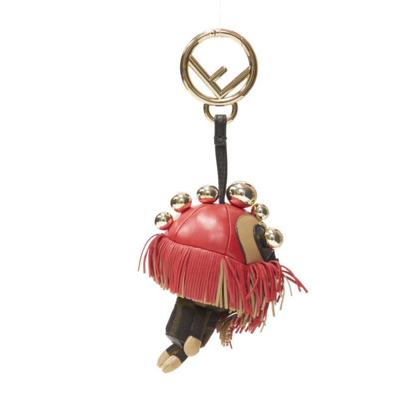 FENDI Space Monkey Zucca FF monogram red fringe gold stud keyring bag charm