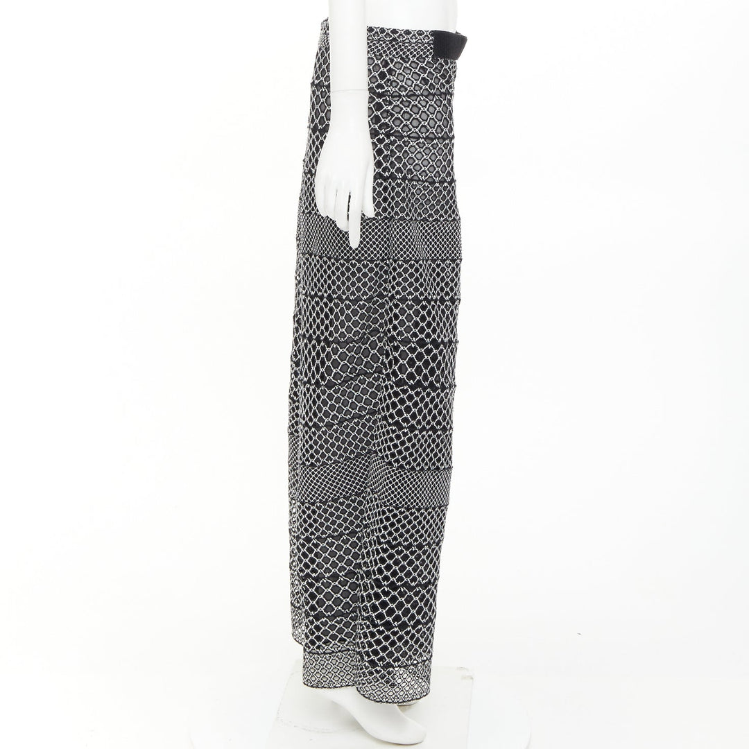 CHANEL black white geometric honeycomb guipure crochet knit wide pants FR42 XL