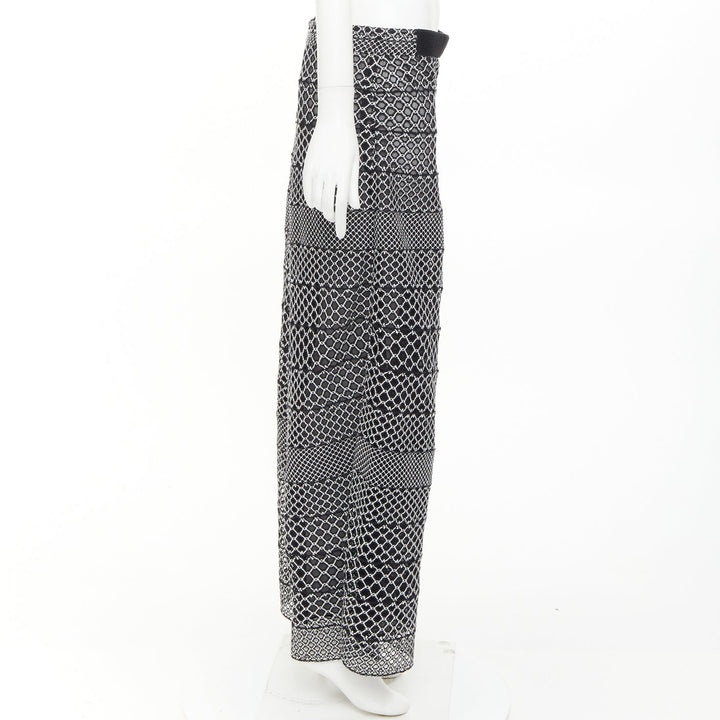 CHANEL black white geometric honeycomb guipure crochet knit wide pants FR42 XL