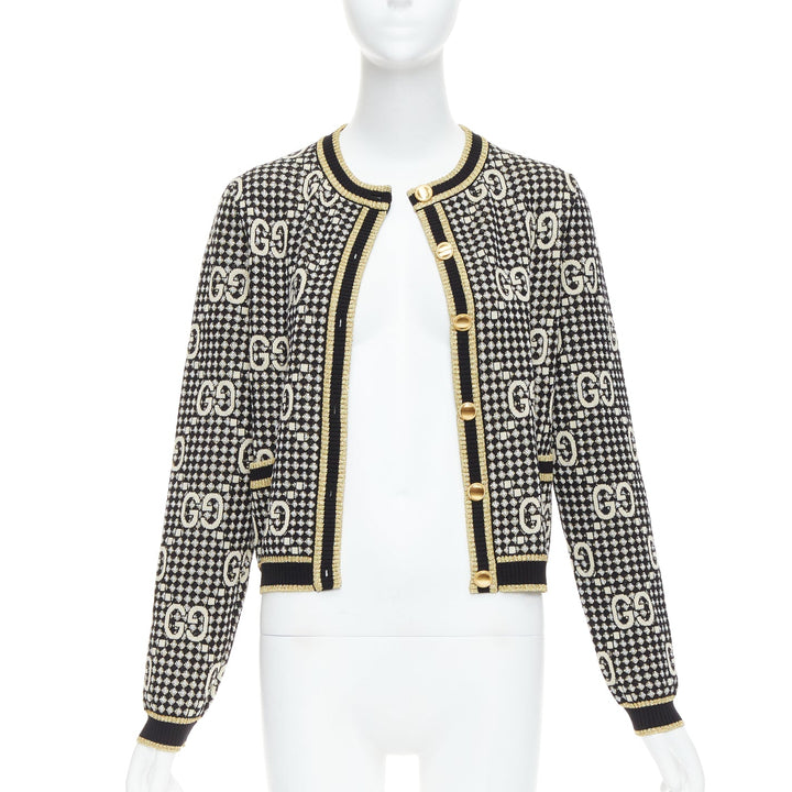 GUCCI gold lurex wool blend monogram jacquard preppy cardigan S