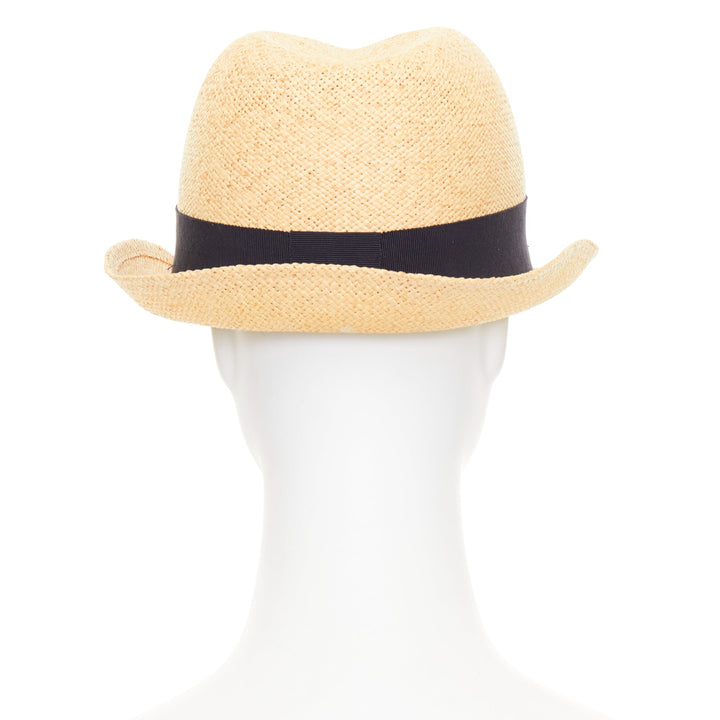 CHANEL beige straw raffia grosgrain ribbon CC logo trilby hat L