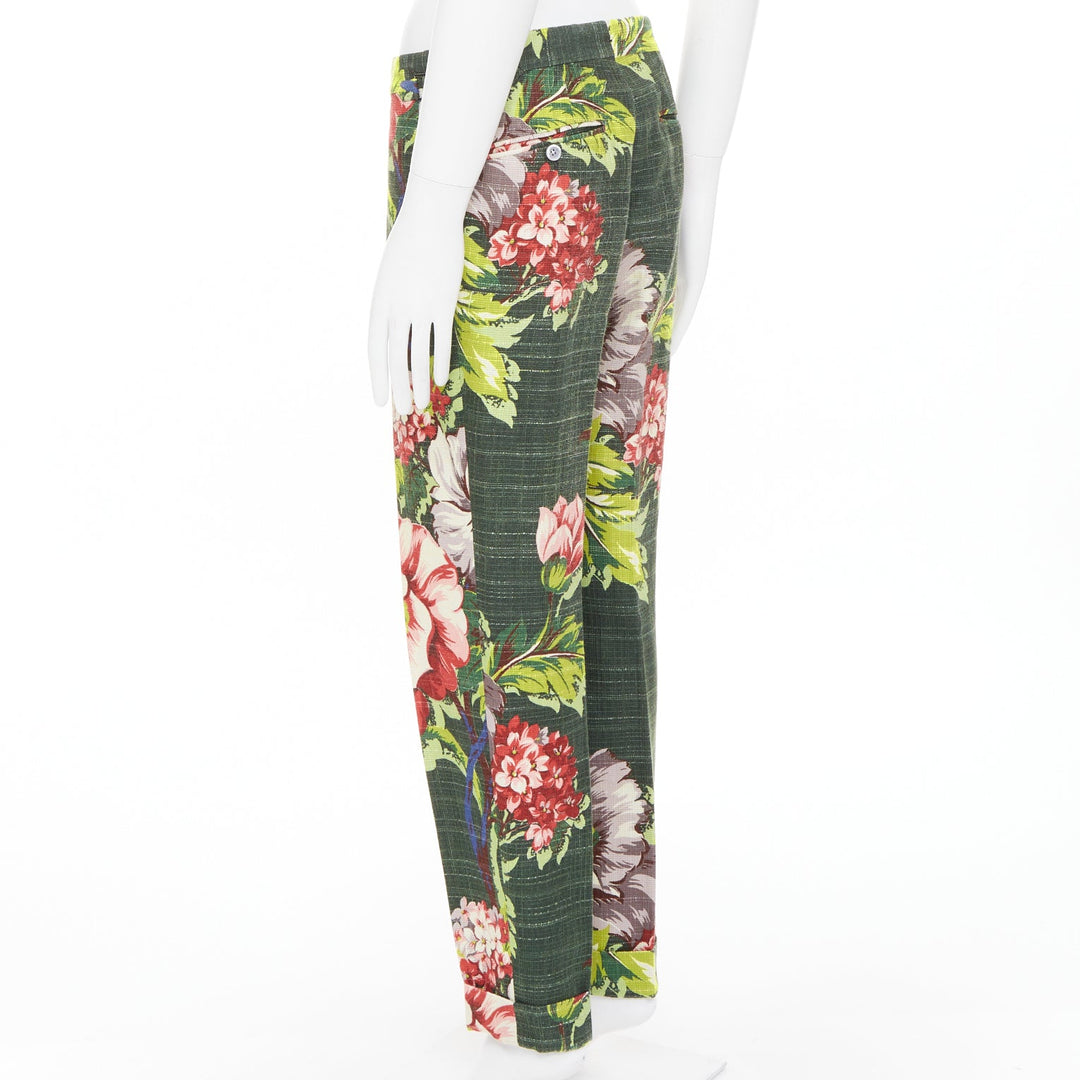 TOM FORD green pink cotton silk floral print slim tailored trousers IT48 M
