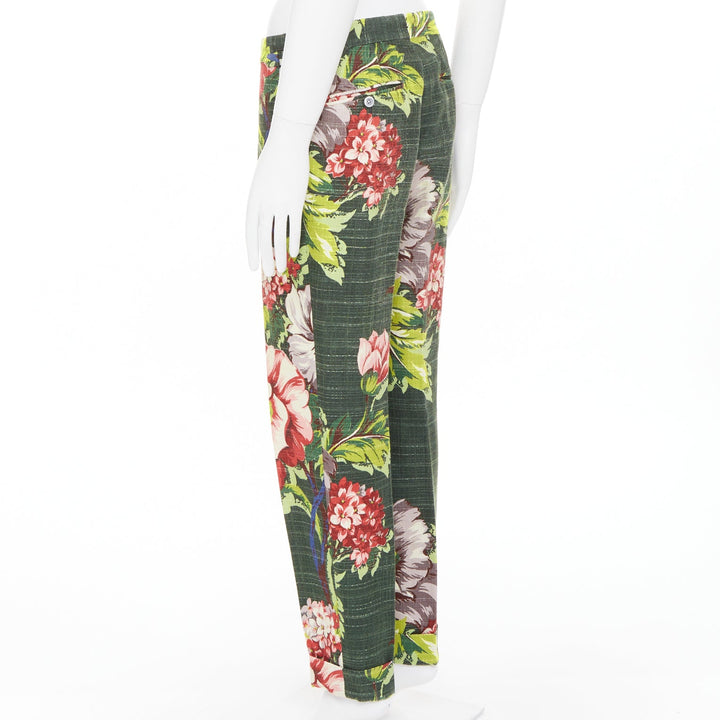 TOM FORD green pink cotton silk floral print slim tailored trousers IT48 M