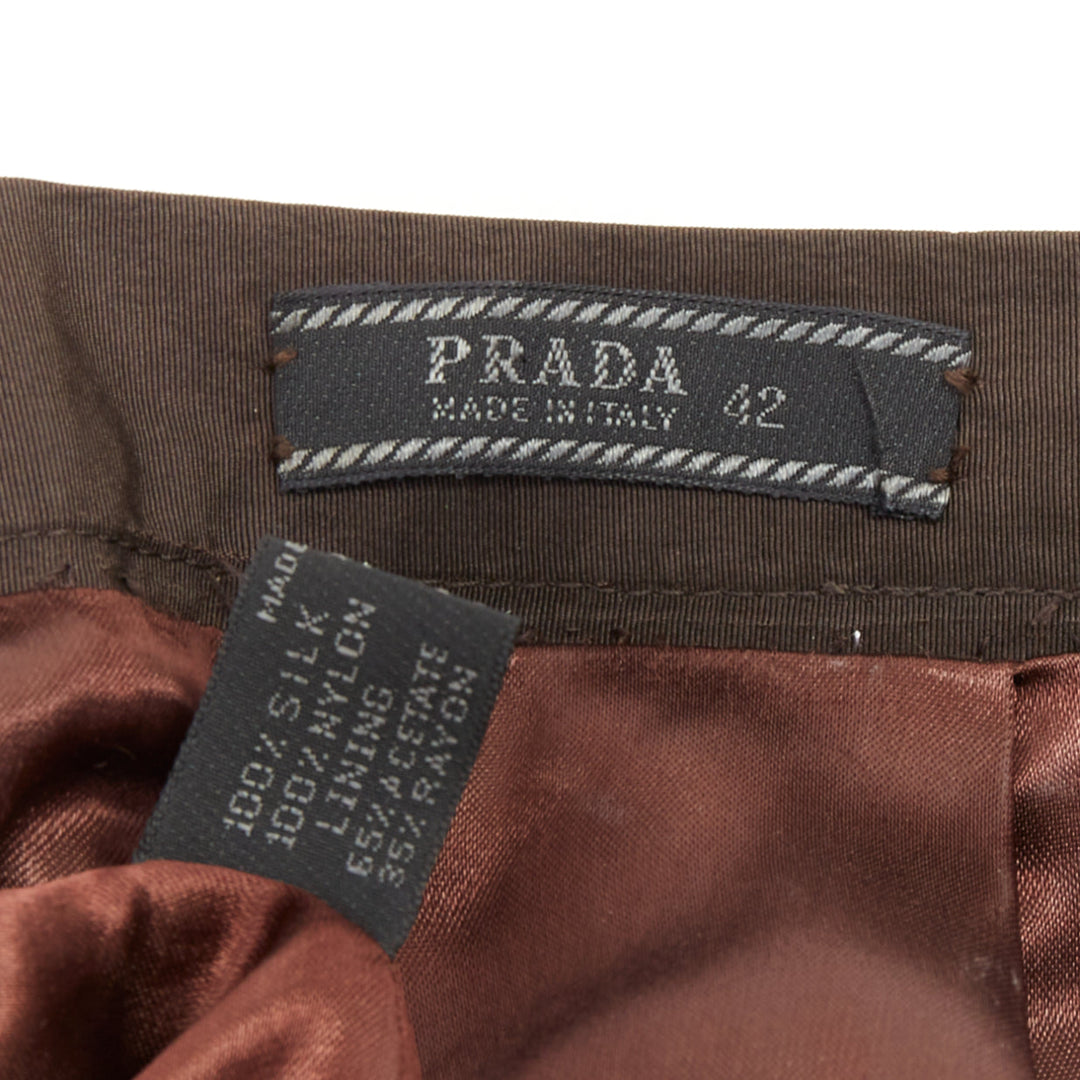 PRADA Vintage brown silk nylon grosgrain pleat flared a line midi skirt IT42 M