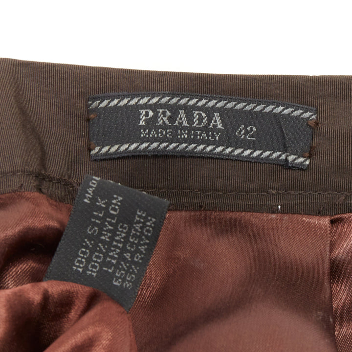PRADA Vintage brown silk nylon grosgrain pleat flared a line midi skirt IT42 M