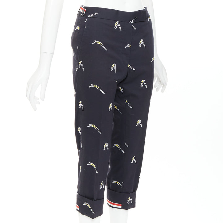 THOM BROWNE navy blue cotton yellow diver embroidery cropped chino pants US0 XS